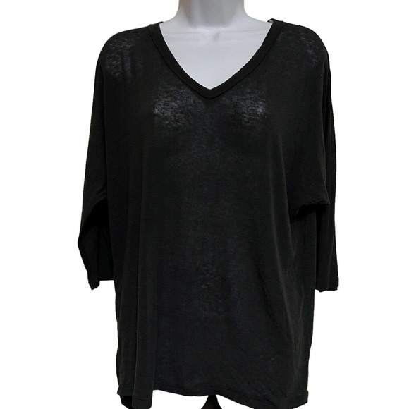 NWT Eyeshadow 2010's Black Sheer V-Neck Inset Panel 3/4 Sleeve T-Shirt - Large - Picture 1 of 8